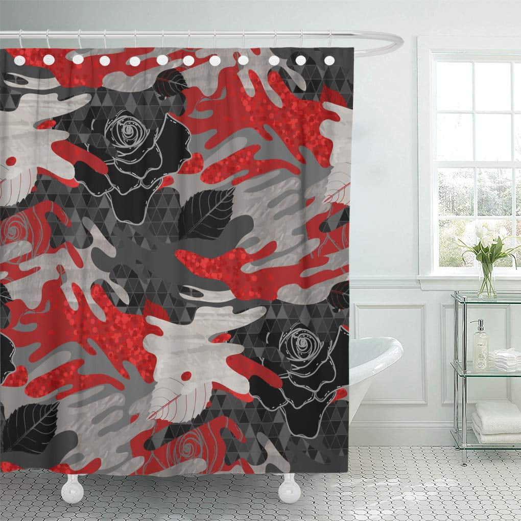 ATABIE Colorful Abstract Camouflage Roses in Black Gray and Red Shower