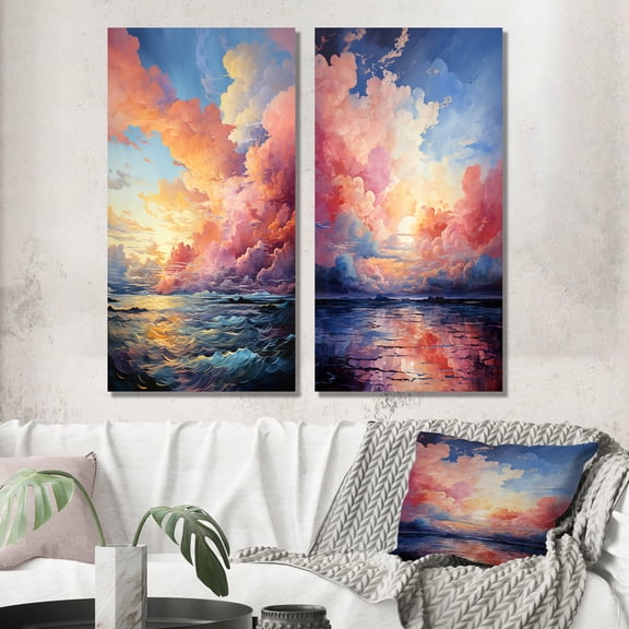 Designart "Canvas of the Skies Cloudy Artistry III" Clouds Wall Art Set Of 2 - Peach Landscapes Gallery Set For Office Decor