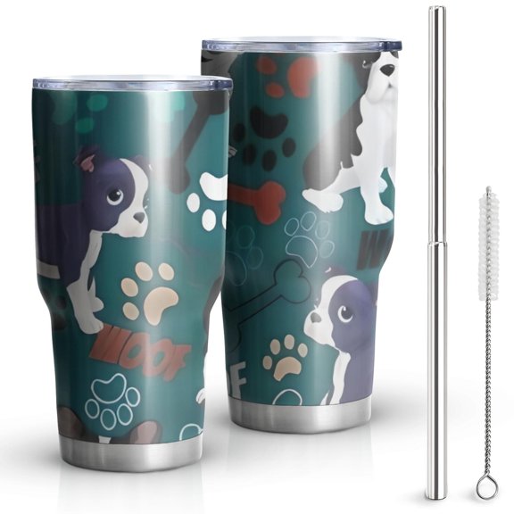 30oz Boston Terrier with Bones and Paws Tumblers Stainless Steel Tumbler with Lid and Straw,Vacuum Insulated Double Wall Travel Tumbler Cups Mug with Cleaning Brush for Coffee,Tea