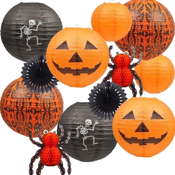12Pcs Halloween Hanging Decorations Paper Lanterns, 8" Spider Skeleton Pumpkin Lanterns for Indoor & Outdoor Spooky Home Decor, Party Supplies Props