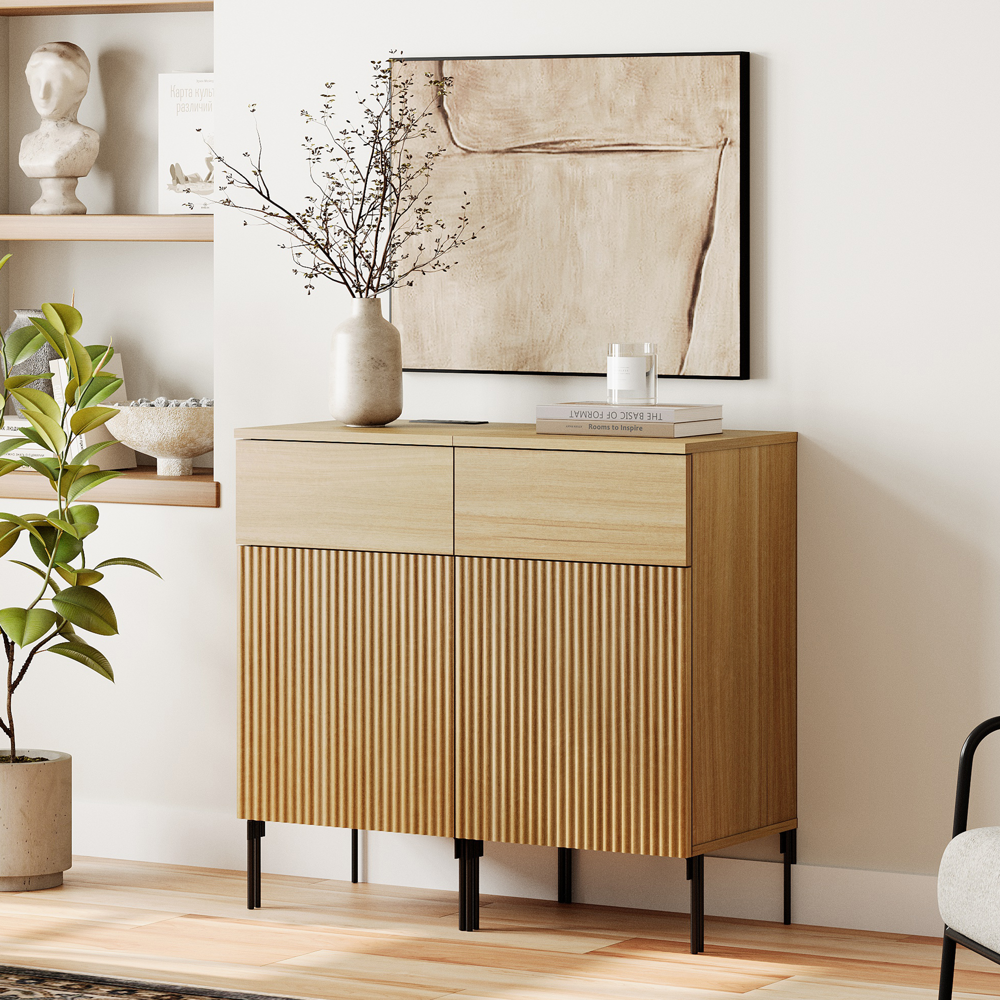 31.5" Reeded Accent Cabinet with 2 Doors and Adjustable Shelves, Modern Credenza Storage Cabinet with Charging Station for Living Room, Kitchen, Dining Room, Hallway