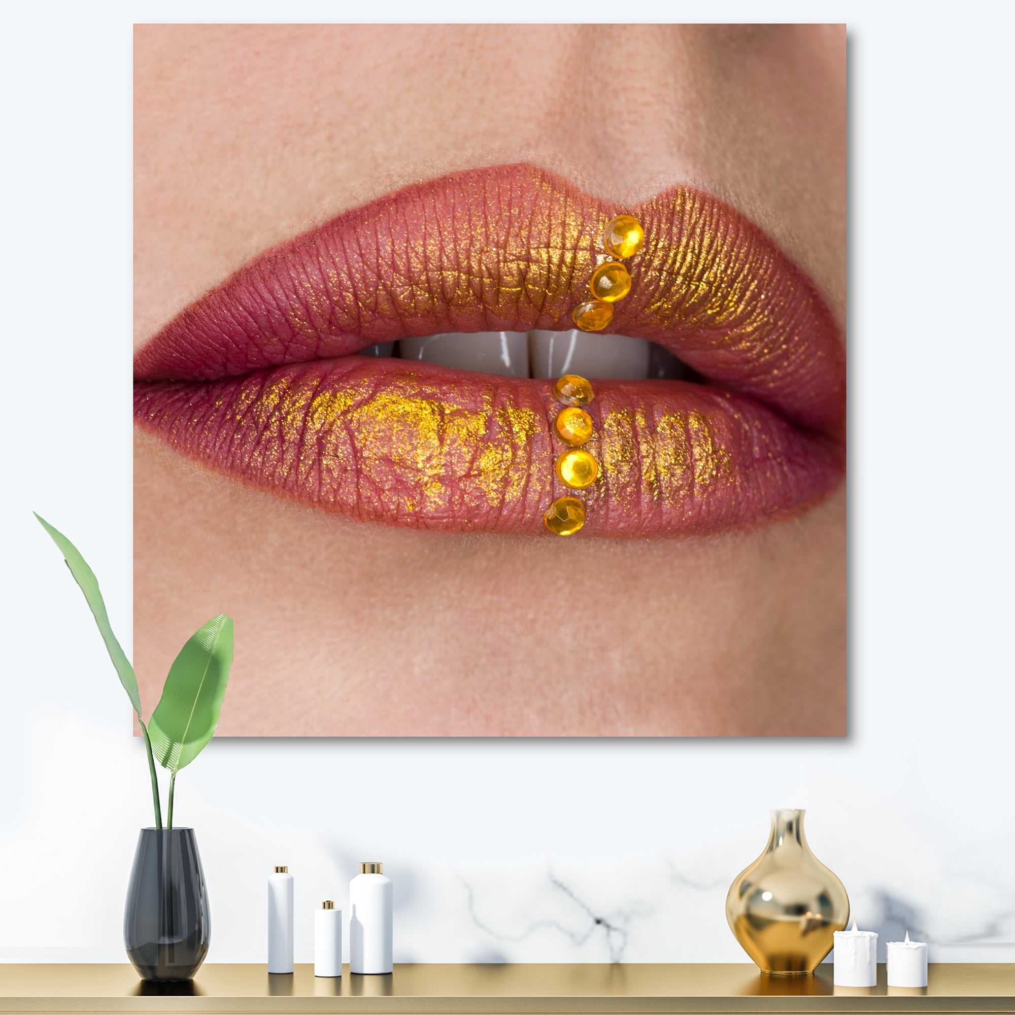 Woman Lips Close-Up With Red Lipstick, Gold Paint 30 in x 30 in Painting Canvas Art Print, by Designart