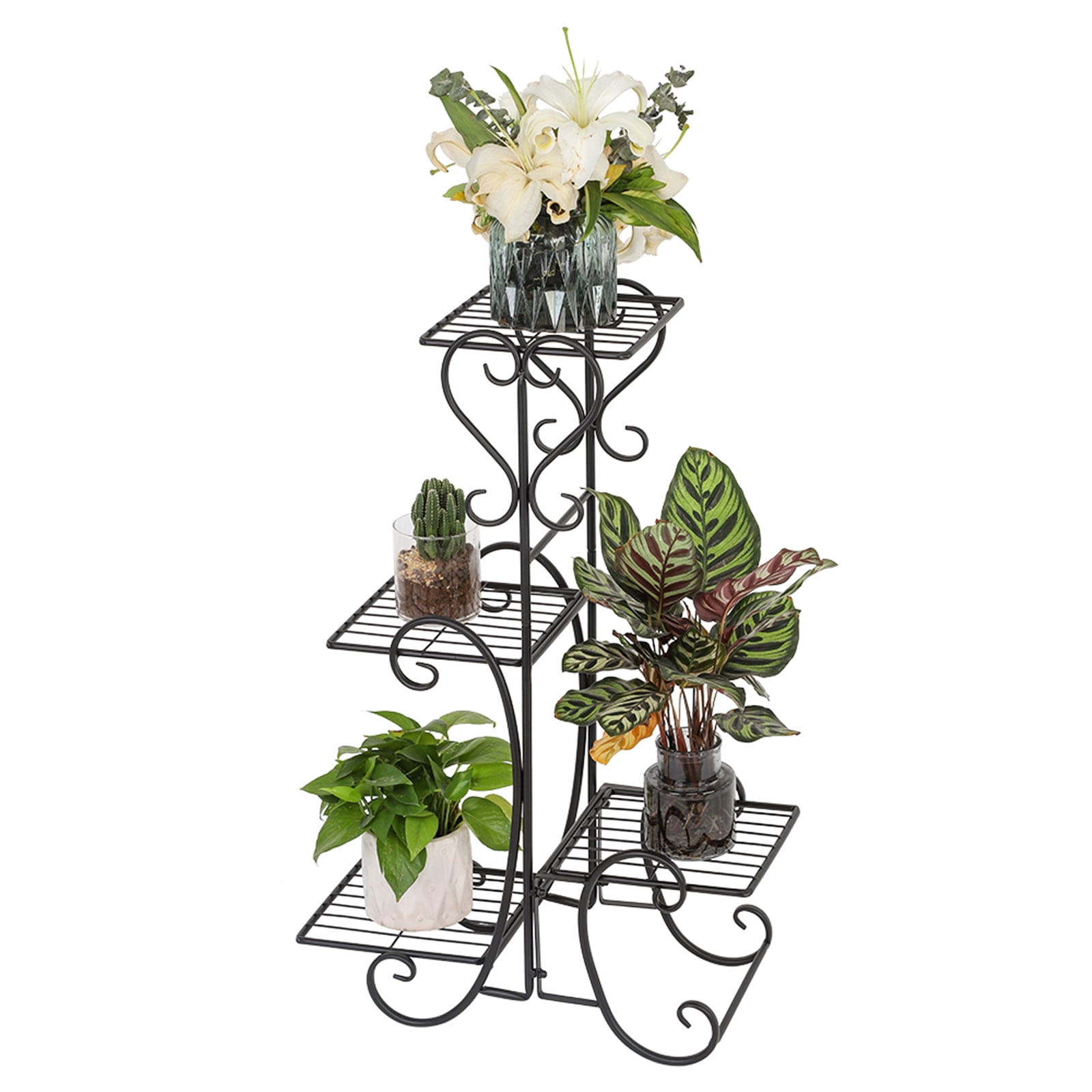 4 Potted Square Flower Metal Shelves Plant Pot Stand Decoration for Indoor Outdoor Garden Black