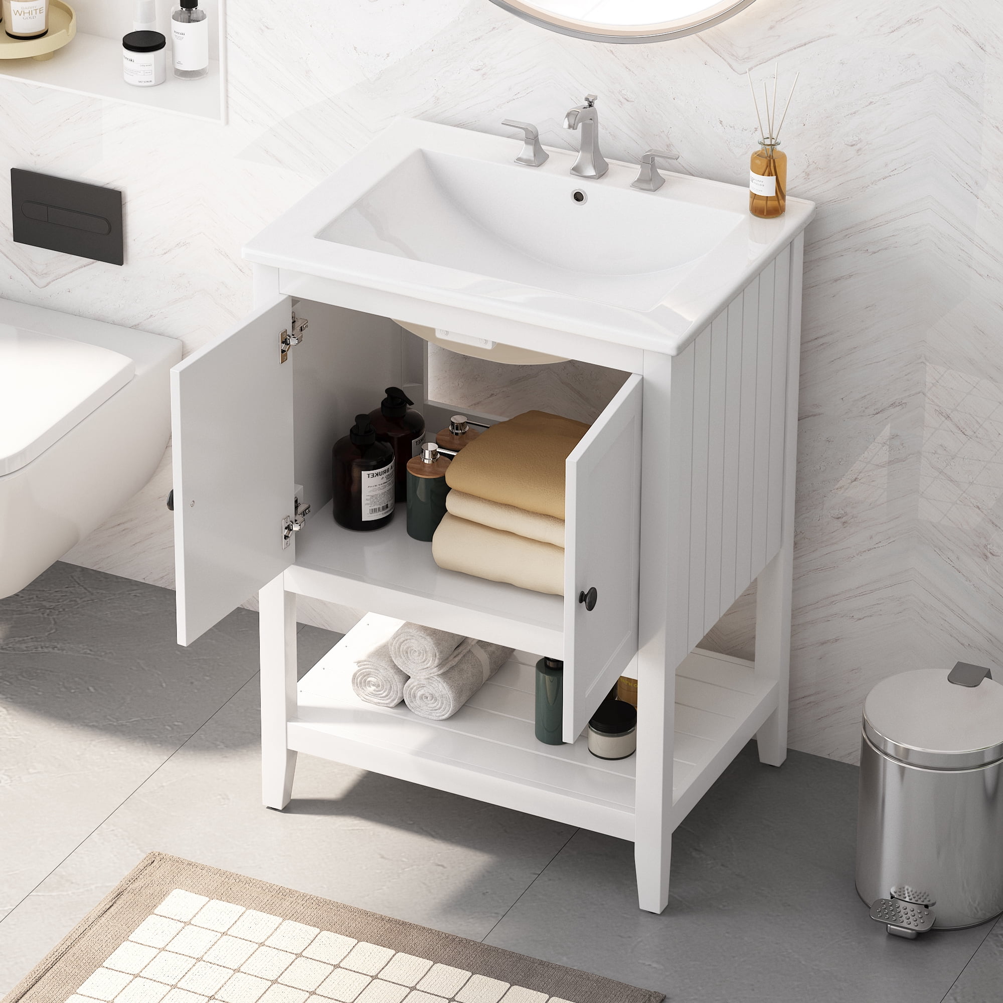 Euroco 24" White Modern Sleek Bathroom Vanity Elegant Ceramic Sink with Solid Wood Frame Open Style Shelf