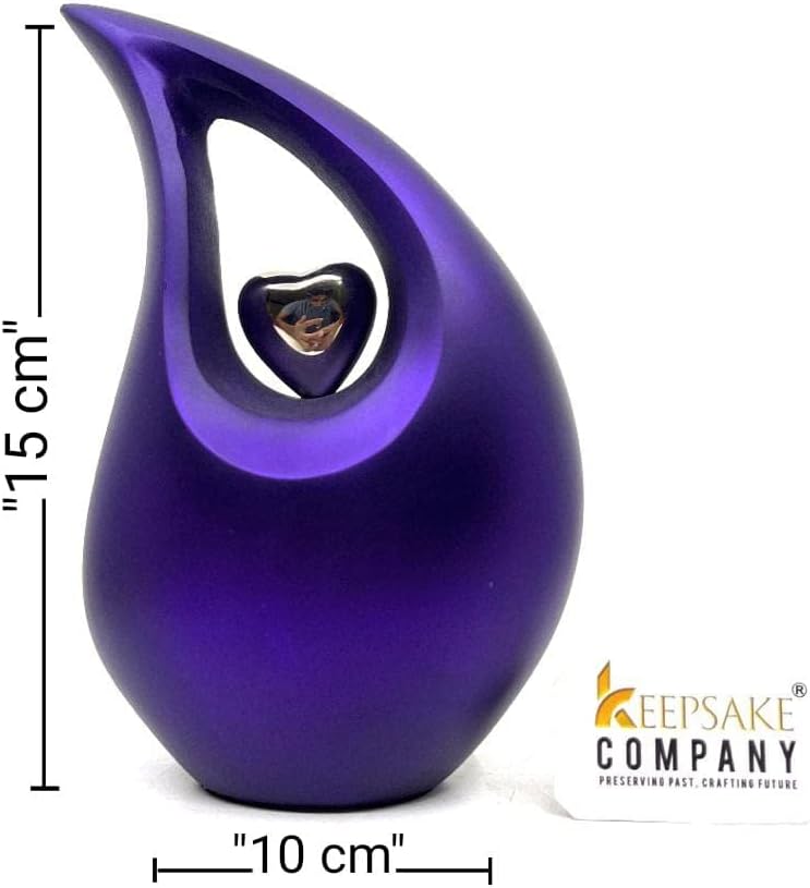 Purple Shimmer Tear Drop Small Urns for Human Ashes with Silver Heart (6 Inch Height) - Unique Medium Urn - Decorative Urns - Cremation Urn - Burial Urns - Keepsake Urn - Funeral Urn - Small Pet Urns