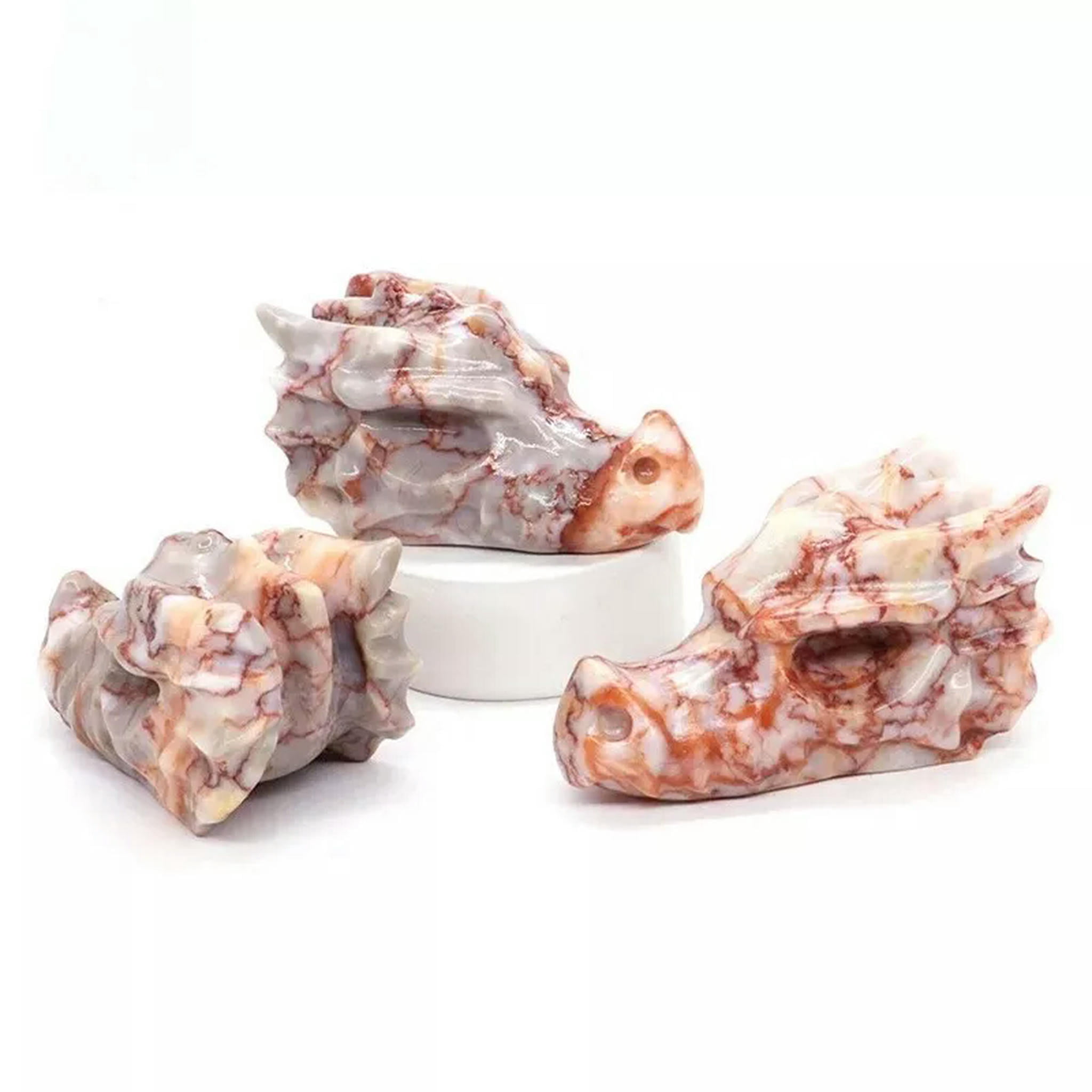 EOEMY 5Pcs Natural Red Picasso Jasper Quartz Crystal Dragon Head Skeleton Carved Decor