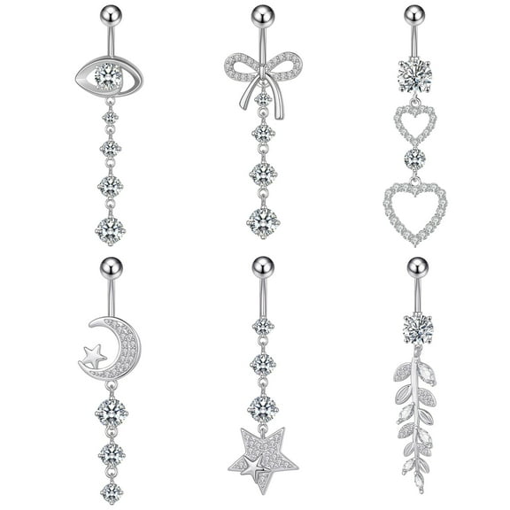 Designice 6Pcs Belly Button Ring,316L Surgical Steel Navel Rings,Opal Pearl CZ Belly Button Piercing,Sliver