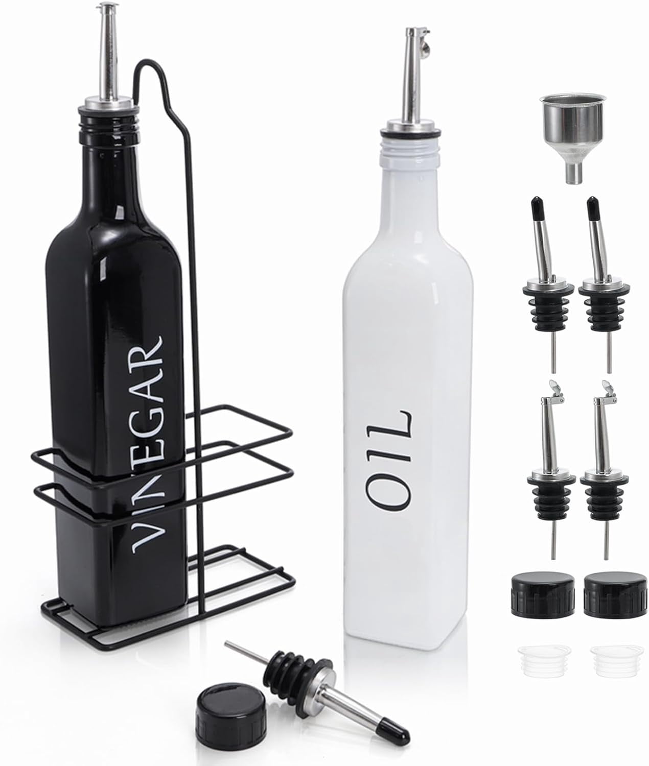 2 Pack Oil and Vinegar Dispenser Set with Caddy Holder, 17oz Black & White Olive Oil Dispenser Bottle, Cute Modern Vintage Glass Cruet for Kitchen