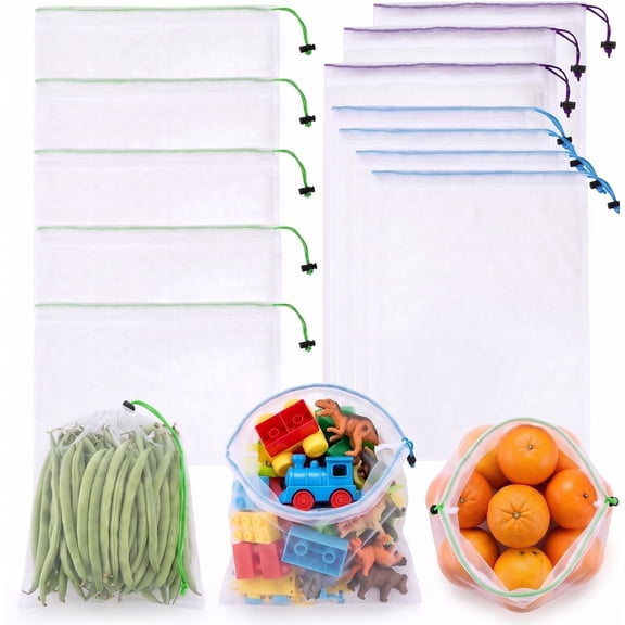 12-Pack Reusable Mesh Produce Bags, Heavy Duty Washable Grocery Bags | Food-Safe, See-Through, Barcode Scannable Drawstring Storage