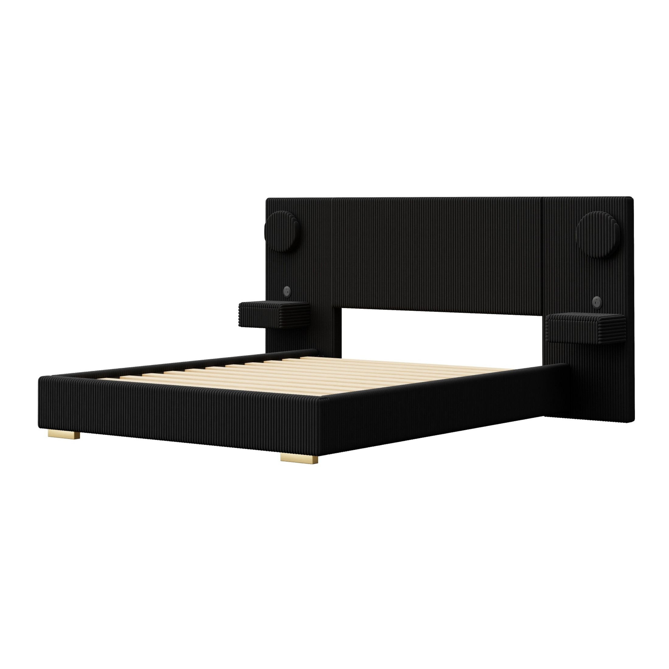 Noble House Dellas Queen Size Upholstered Platform Bed with LED Lights, Charging Ports & Side Storage Drawers, Black