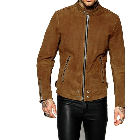 Brown Suede Biker Jacket Mens With Snap Button Collar And Waist Belt Mens Biker Suede Jacket Cafe Racer Jacket Mens Brown Biker Jacket Mens size 4XL