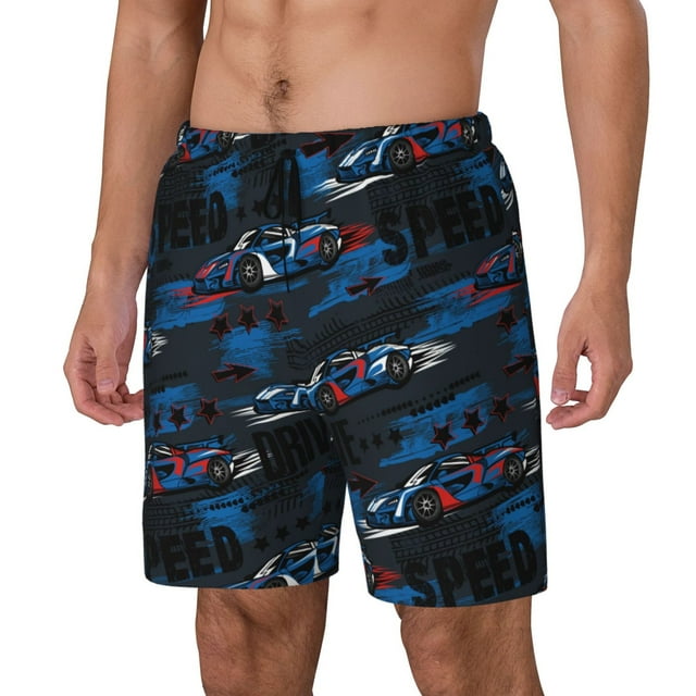 Bingfone Blue Sports Car for Men's Double Layer Swimming Trunks with Lining, Drawstring Style with Pockets Beach Shorts Men's Swimsuit-3X-Large