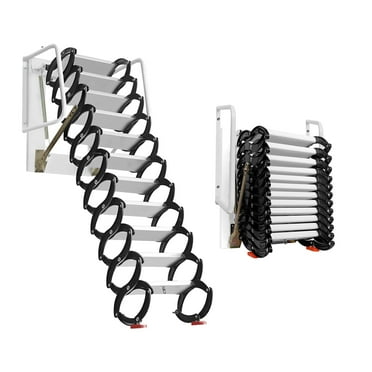 12 Steps Attic Stairs Alloy Attic Access Ladder with Attic Steps Pull Down, Black Pulldown Attic Stairs, Wall-mounted Folding Stairs with Armrests, 9.8 FT Height