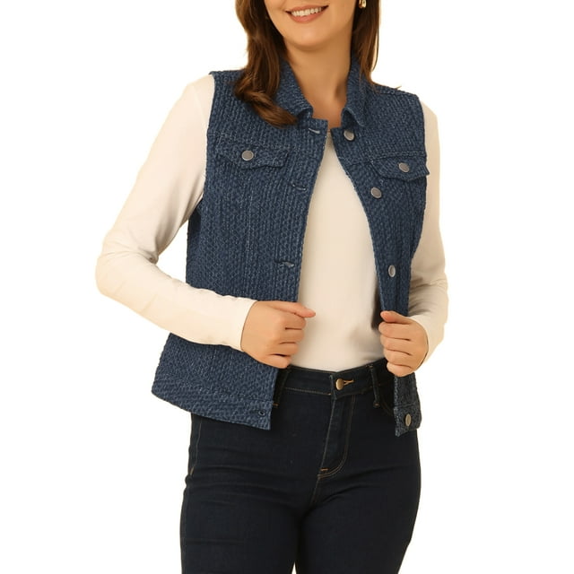 Chaleco sin mangas de mezclilla lavado con botones para mujer INSPIRE CHIC, con bolsillos, textura azul, talla S