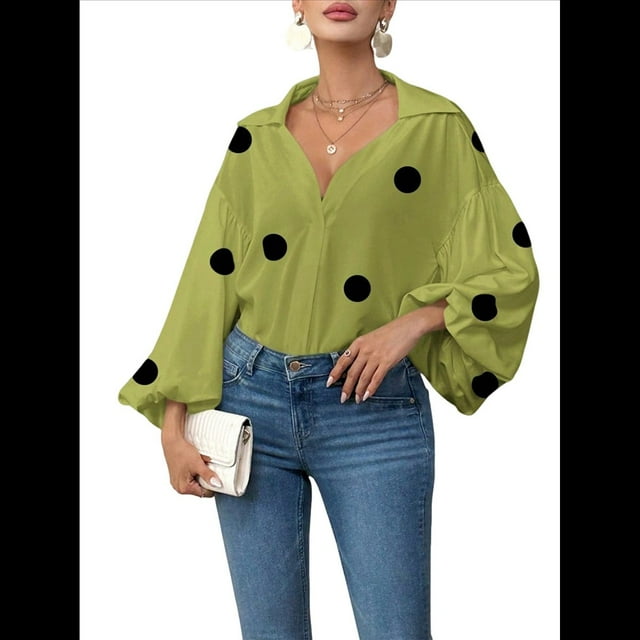 Blusa Holgada de Larga con Cuello Semiabierto y Lunares Franceses para Mujer Verde Matcha XXL
