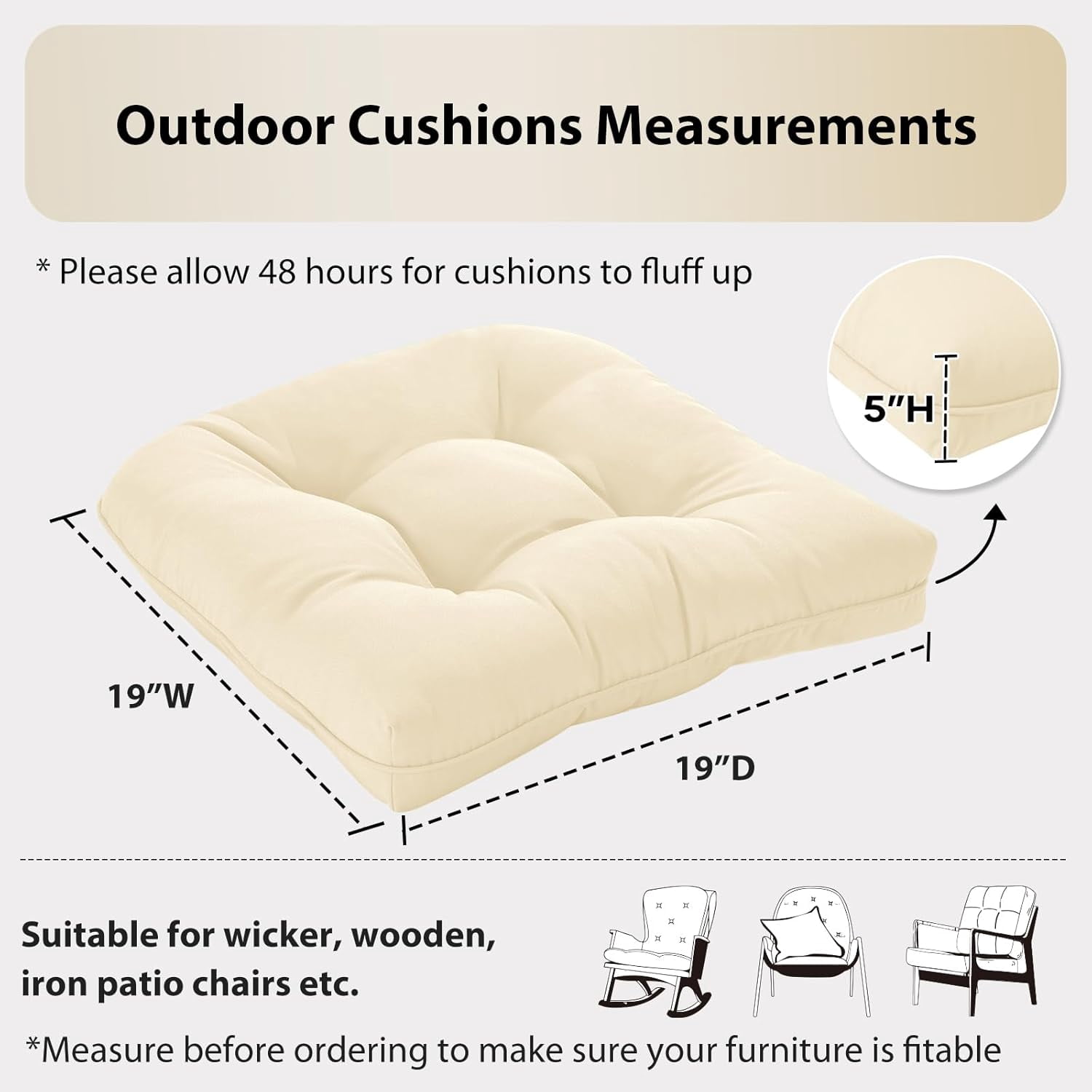 19x19 Outdoor Chair Cushions Set of 4, Tufted Wicker Patio Furniture Cushions, Thick Outdoor Seat Cushions for Lawn Chairs, Overstuffed and Water Resistant, Beige