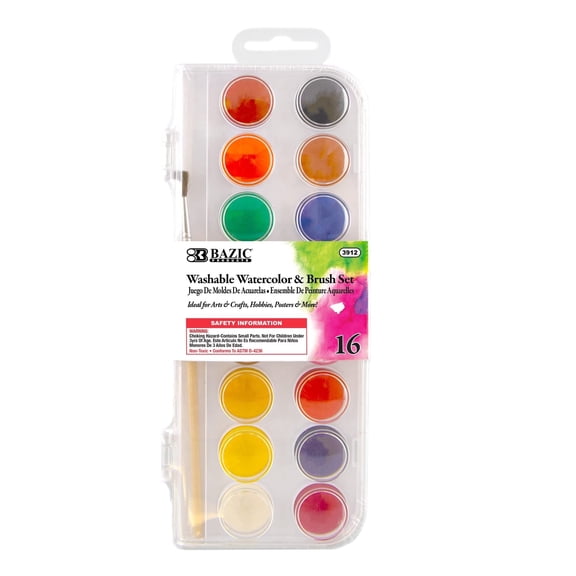 BAZIC Watercolor w/ Brush & Mixing Palette, 16 Color Non-Toxic Paint Set, 2-Pack
