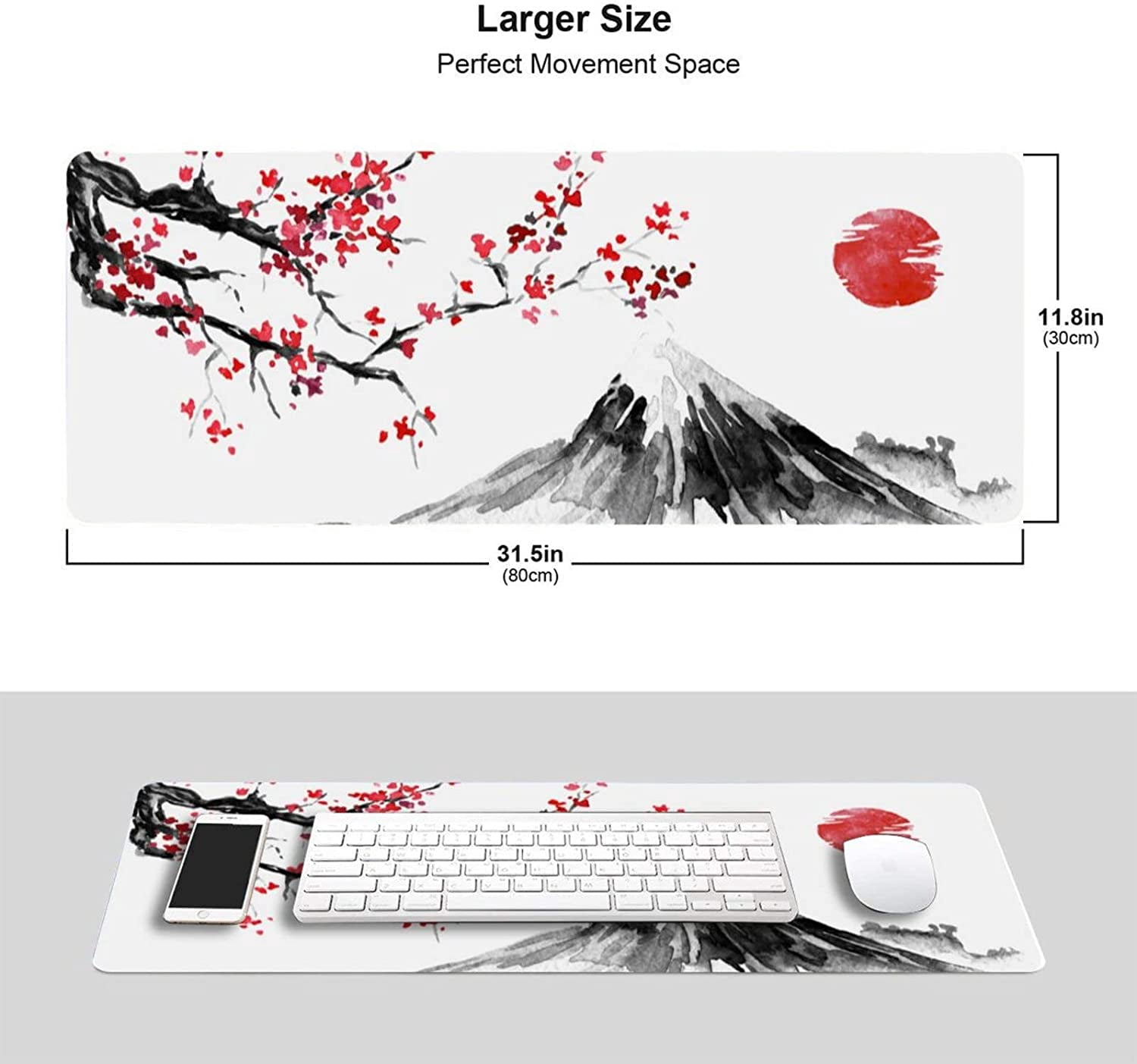 Japanese Cherry Blossom Gaming Mouse Pad XL, Extended Large White Full Desk Mousepad 31.5 X 11.8 Inch, Big Mouse Pad with Stitched Edge, Non-Slip Long Computer Keyboard Mat for Office & Home