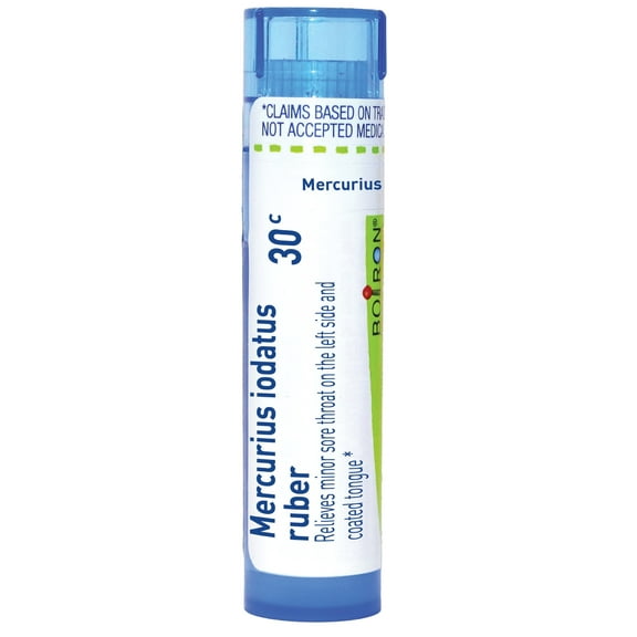 Boiron Mercurius Iodatus Ruber 30C, Homeopathic Medicine for Minor Sore Throat On The Left Side And Coated Tongue, 80 Pellets
