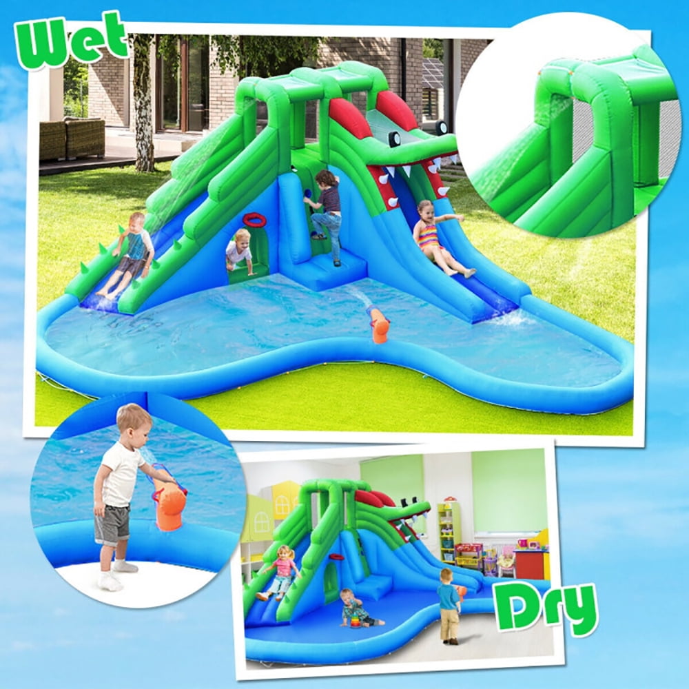 Aimee Lii Inflatable Water Park Crocodile Bouncer Dual Slide Climbing Wall without Blower, Bounce House Water Slide for Kids 5-10