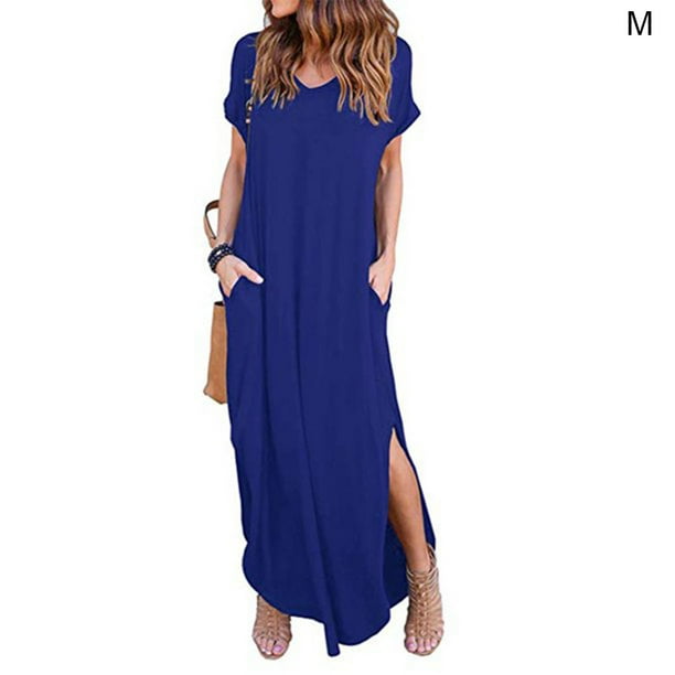 Qarigey Vestido de mujer con cuello en V Abertura Vestido largo Chica Ropa de manga corta Vestidos azul M