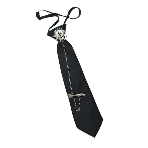 Women Men Punk Rock Black Necktie with Metal Arrows Chain Pre Tied Tie For Casual College Styles Event And Cosplay Props