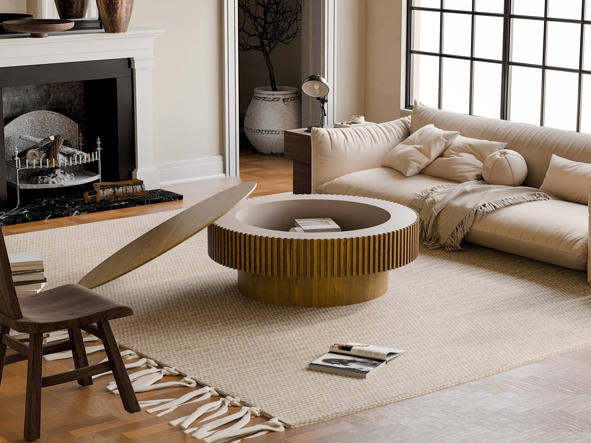 39.37" Round Coffee Table with Storage, Fluted Modern Coffee Table with Hidden Storage, Wood Veneer Center Table for Living Room, Brown