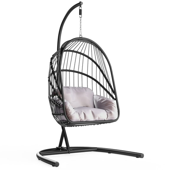 DWVO Indoor/Outdoor Wicker Swing Egg Chair Hammock Hanging Chair Nest Basket with Stand, UV Resistant Removable & Washable Cushions,350LB Capacity for Bedroom, Balcony, Garden - Black