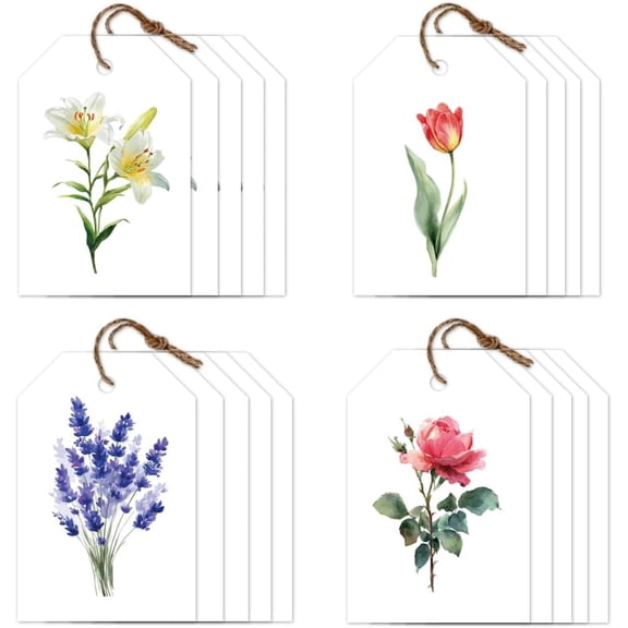 80Pcs Floral Gift Tags with String 4 Style White Paper Hanging Labels Name Tags 2×3 Inch