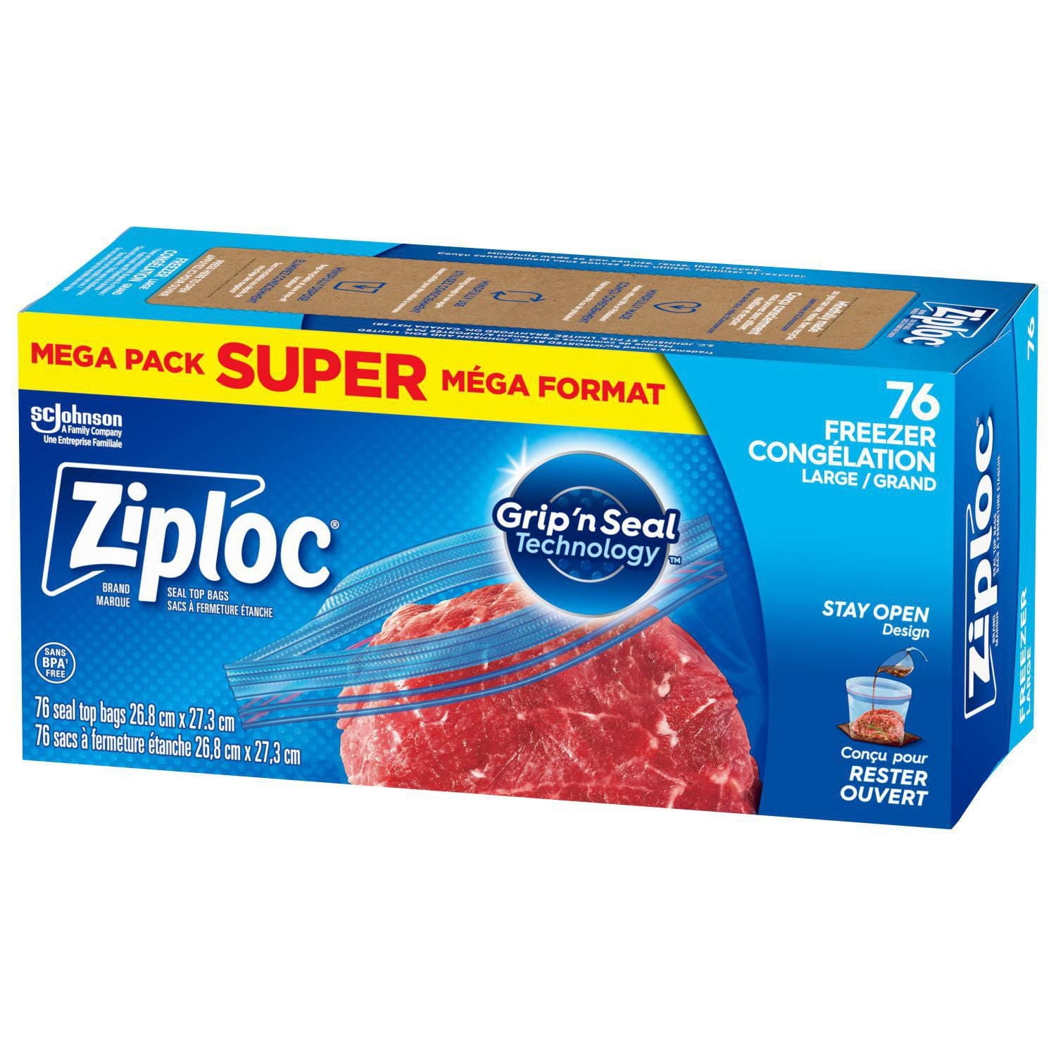 Ziploc® Freezer Bags with Stay Open Technology, Large, 76 Bags