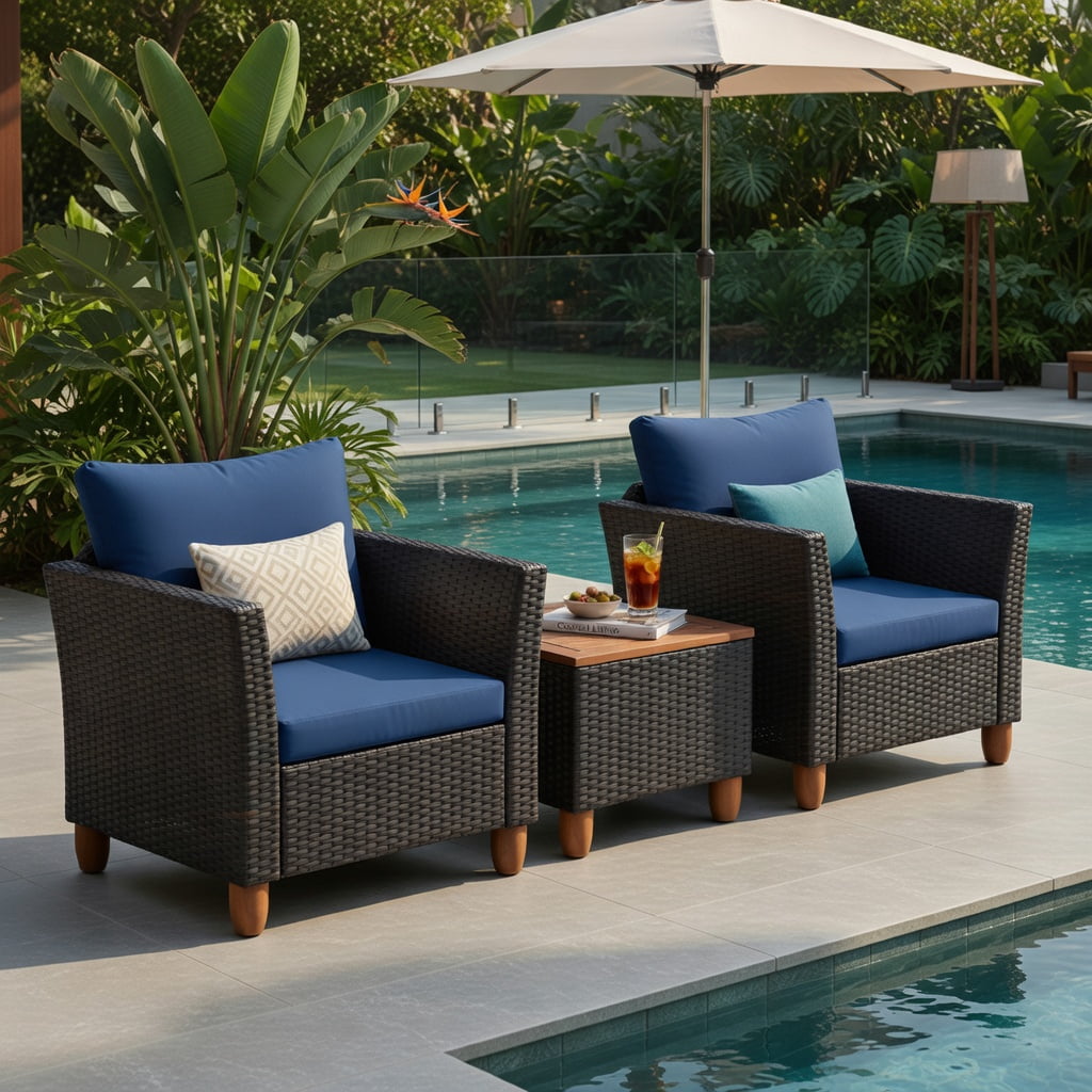 Hommoo 3-Piece Outdoor Rattan Patio Furniture Set, Acacia Wood Coffee Table & 2 Single Sofas with Removable Cushions, Navy