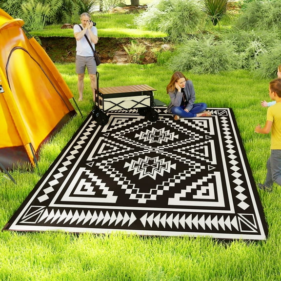 Outsunny Outdoor Patio Rug, Large Camping Carpet with Carrying Bag, 9' x 18' Waterproof Plastic Straw, Reversible, Black & White Square Patchwork