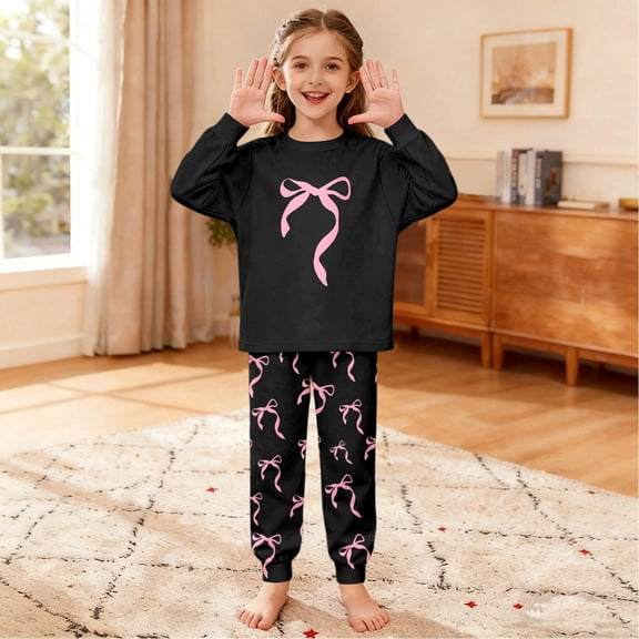 JIAYUE Spring Outfit Sets For Girls Bows Print Long Sleeve Crew Neck Pullover T Shirt Pants Soft Comfy For Teens Adaptable Dailywear