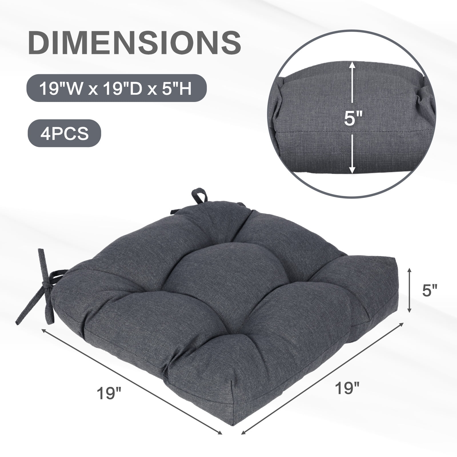 Aoodor 19x19x5 Inch Tufted Outdoor Chair Cushions, Water and Fade Resistant Polyester Dining Chair Pads with Ties for Patio Furniture, Set of 4, Dark Gray
