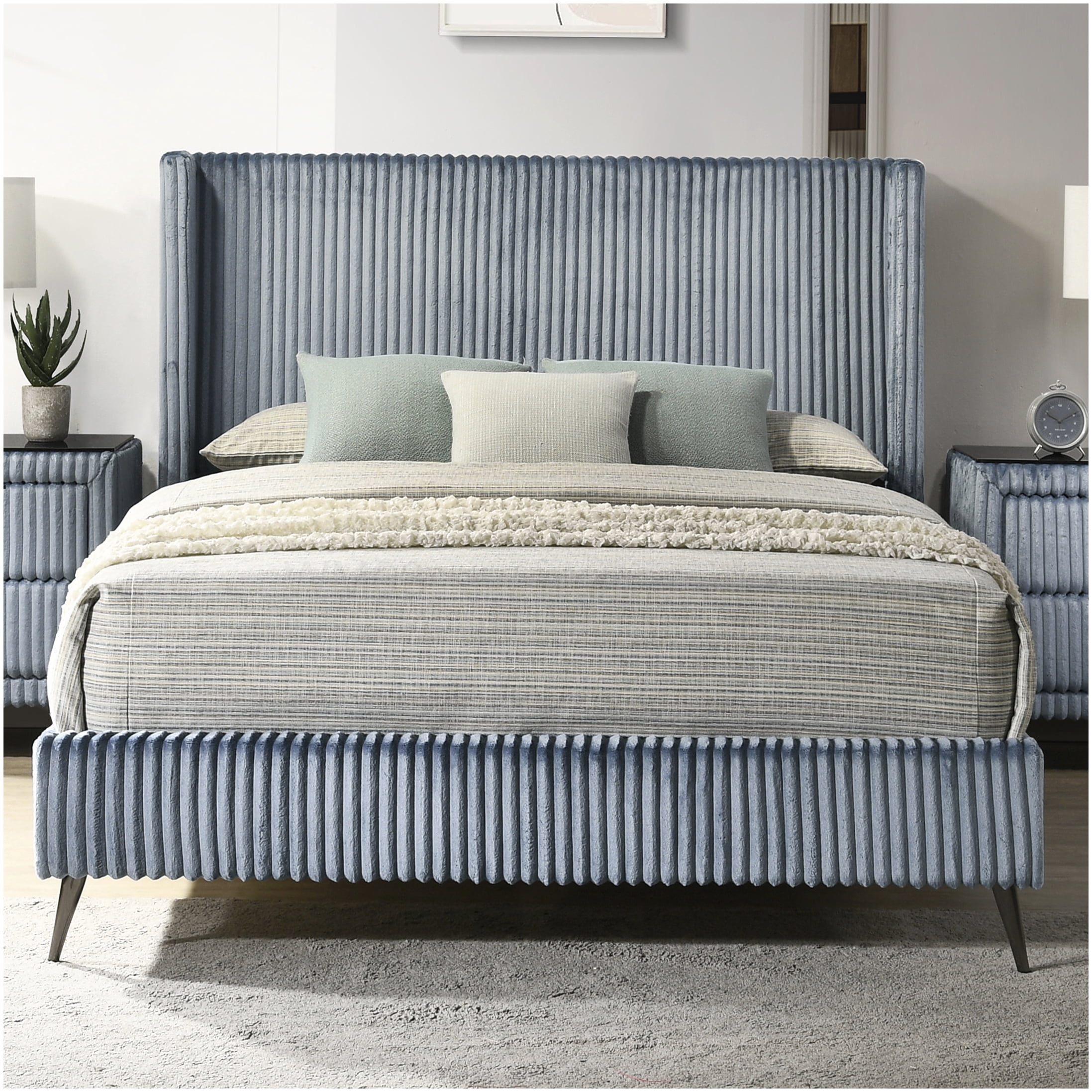 Queen Size Upholstered Bed Frame with Wingback Headboard, Blue Corduroy Fabric, No Box Spring Needed