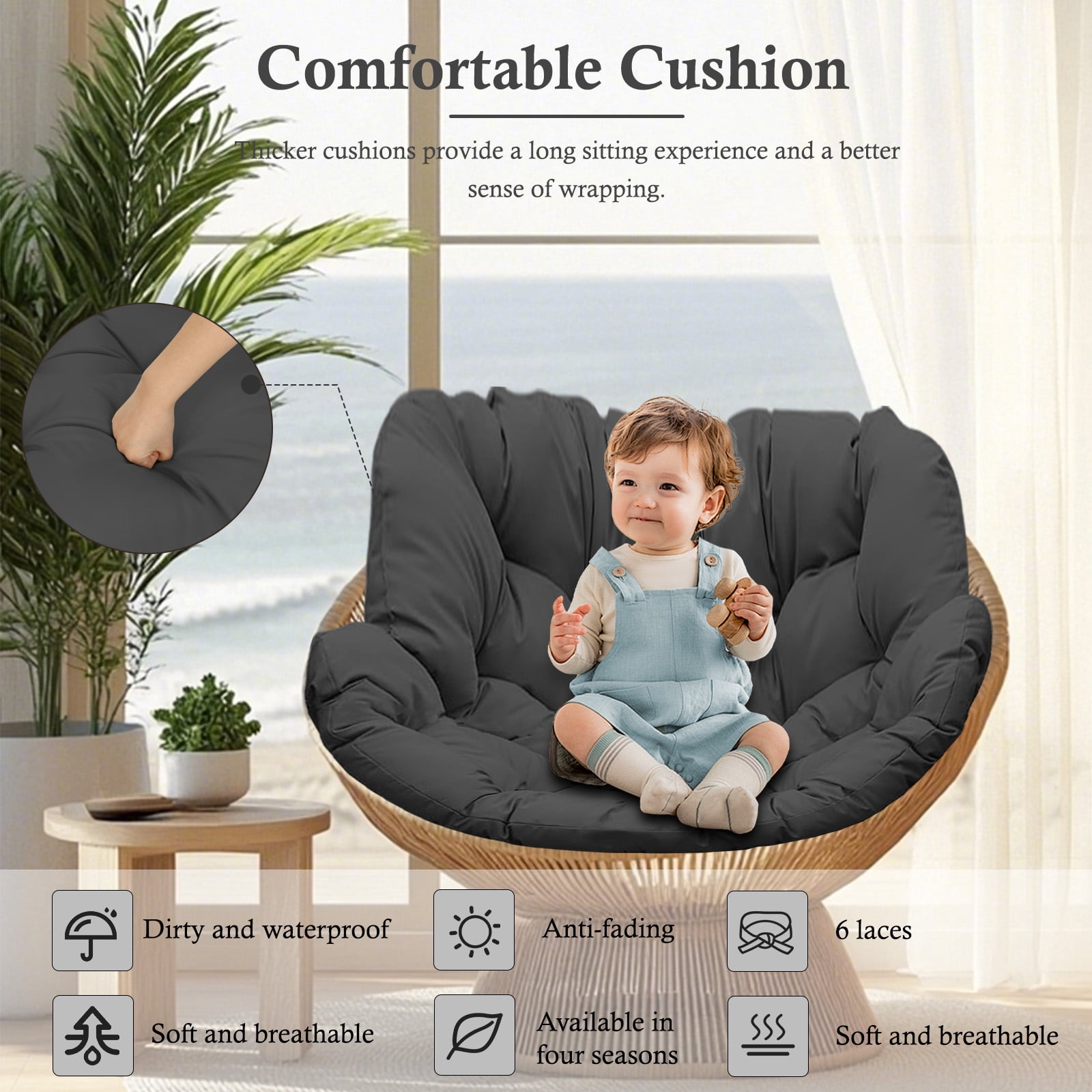 Egg Chair Cushion Replacement Waterproof – Outdoor Rocking Chair Cushions 6.3" Thick UV Resistant with 6 Straps for Patio, Balcony, Garden, Dark Gray