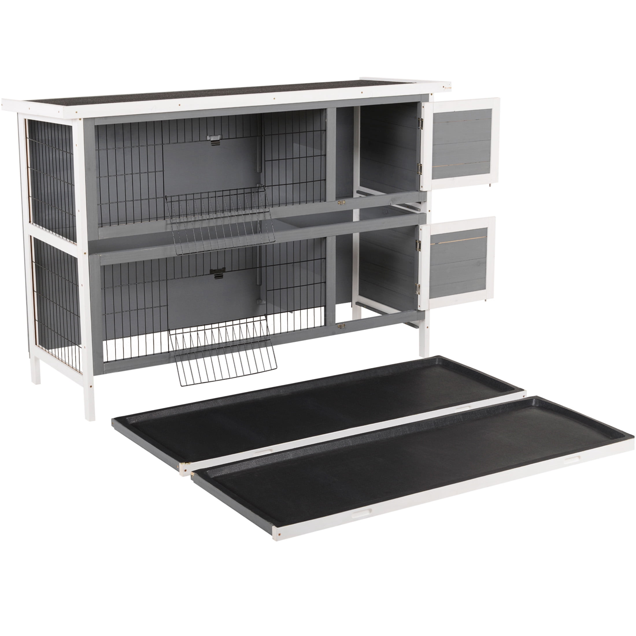 JERFIT 54 Inch Large 2-Story Rabbit Hutch with Waterproof Roof, Leak-Proof Tray & Lockable Doors, Outdoor Indoor Wooden Bunny Cage House for Small Animals, Gray