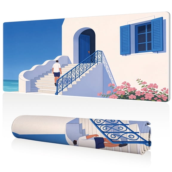 LIVEKEY XXL Mouse Pad Man on White Stairway Design 80x40cm Large Desk Mat Full Coverage Durable Easy to Clean Non Slip Base with Stitched Edges for Gaming and Office Use