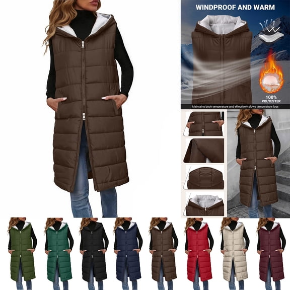 Women's Mid-Length Fleece-Lined Hooded Vest Two-Way Zip Sleeveless Puffer Jacket Warm Outerwear Casual Cold Weather Layer