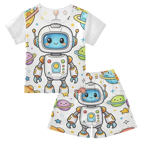 Summer Pajama Set for girls& Boys 95% Cotton Breathable Kids' Pajama Sets with Pockets Space Robot Print 5–14Y