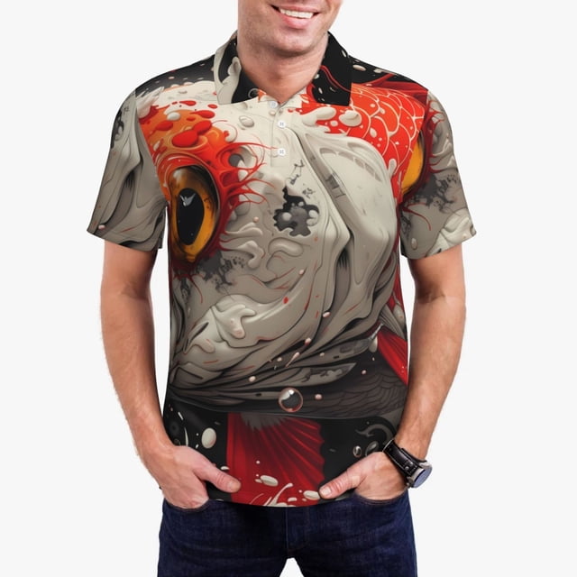 Fotbe Abstract Red Koi Fish Art Camiseta Polo de Golf para Hombre con Estampado – Camisa Deportiva Transpirable con Cuello Abotonado-4X-Large