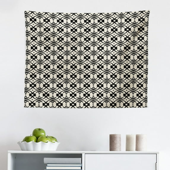 Abstract Tapestry, Diagonal Design of Round Geometric Elements Overlapping Greyscale, Fabric Wall Hanging Decor for Bedroom Living Room Dorm, 2 Sizes, Charcoal Grey White, by Ambesonne