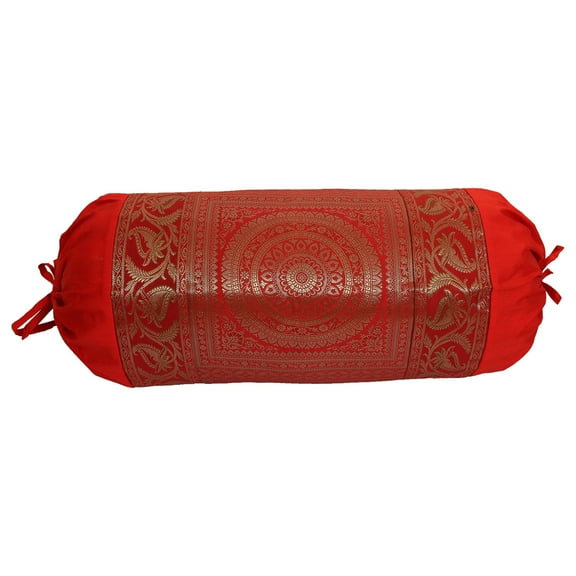 Stylo Culture Ethnic Polydupion Cylindrical Tubular Bolster Pillow Cover Red Jacquard Brocade Border Mandala Large Diwan Cylinder Pillow Cushion Cover (1 Pc) | 30x15 Inches (76x38 cm)