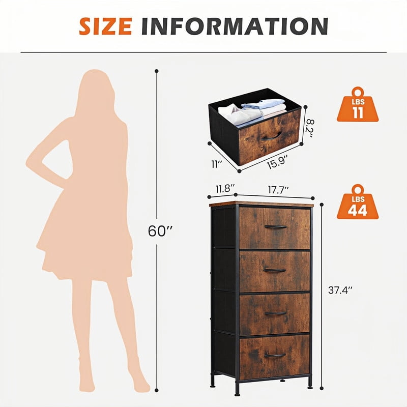 Kelno 4 Drawers Fabric Dresser Tall Chest of Drawers with Steel Frame Wood Top, Rustic Brown