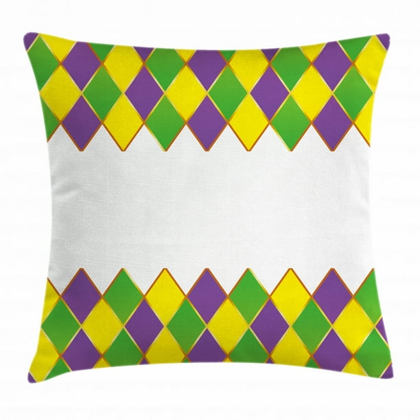 Mardi Gras Throw Pillow Cushion Cover, Carnival Colored Grid Design