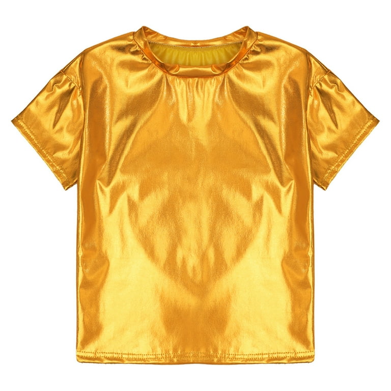 YONGHS Kids Girls Shiny Metallic T Shirts Short Sleeve Dance Tops 2 18 A Gold 3 4