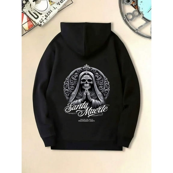 Men's Black Hoodie Santa Muerte Praying Skeleton Design For Christmas Thanksgiving Halloween