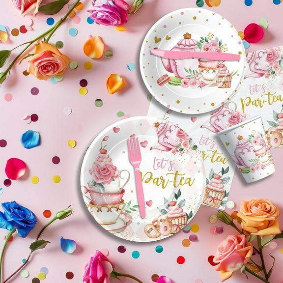 Tea Party Decorations Tableware Set for 24 - Floral Garden Theme Birthday Supplies, Paper Plates, Cups, Napkins, Cutlery