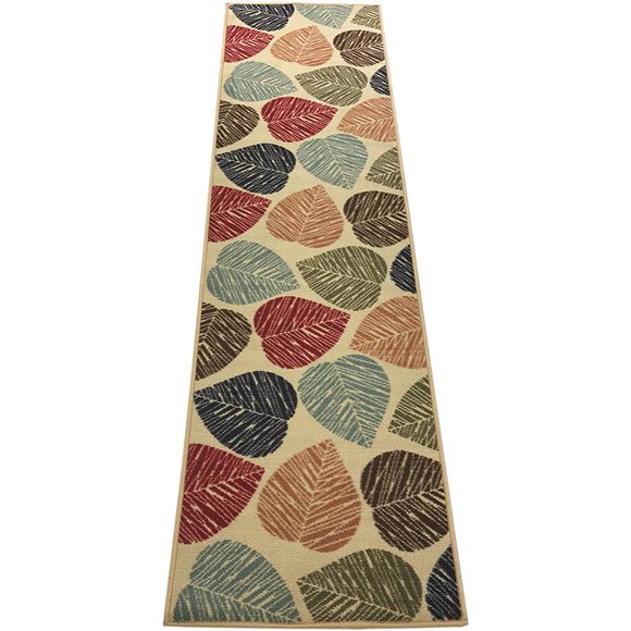 Rubber Collection Leaves Floral Beige Multi-Color Runner Rug Printed Slip Resistant Rubber Back Latex Contemporary Modern 2 x 7 Rug Runner (Multi Leaves, 23"x7')