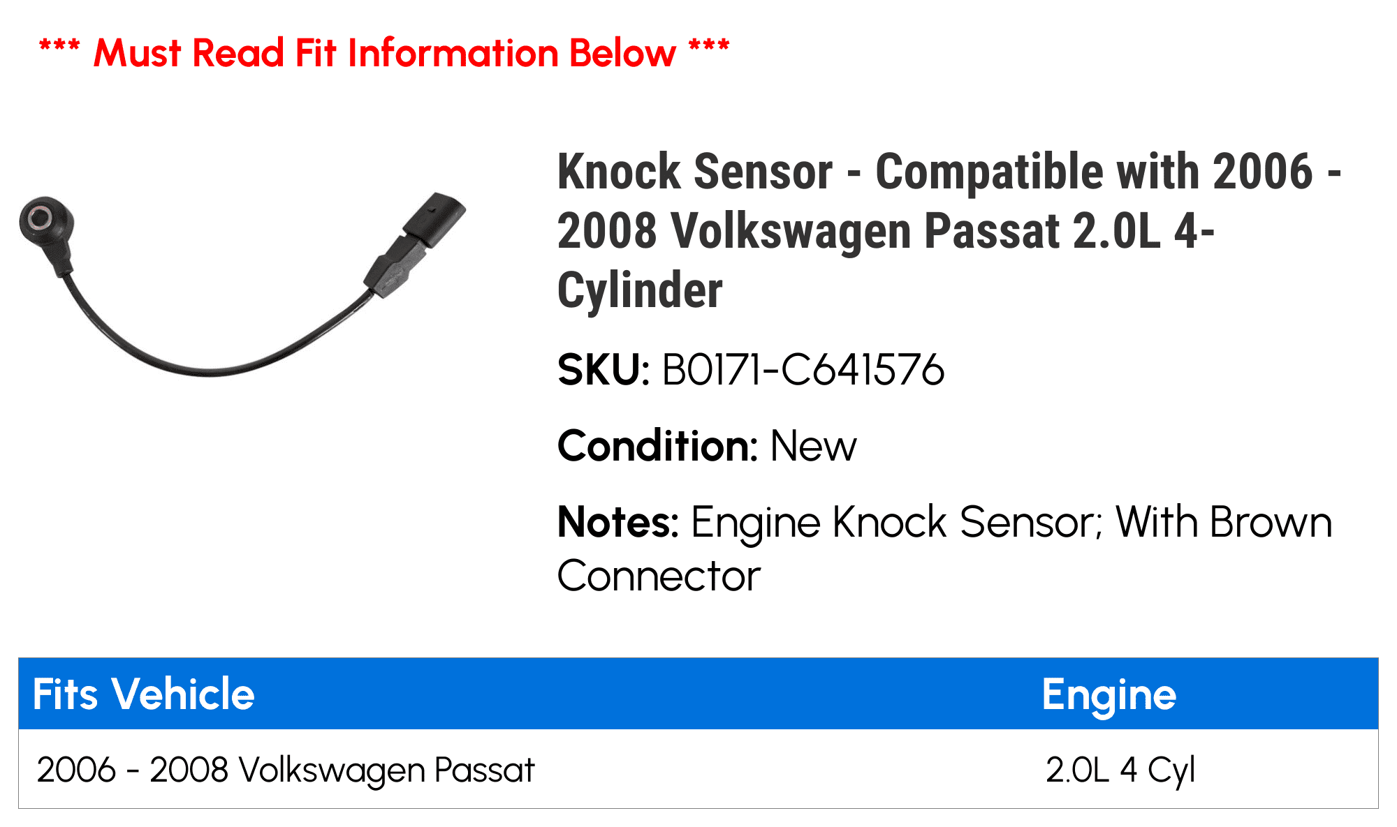 Knock Sensor - Compatible with 2006 - 2008 Volkswagen Passat 2.0L 4-Cylinder 2007